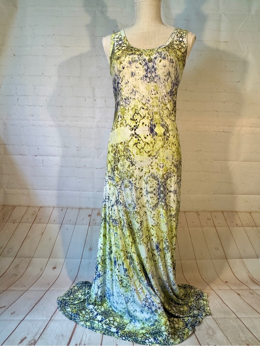 Ivanka Trump Long Maxi Dress Blue Green Print Elegant Boho 4 6 S
